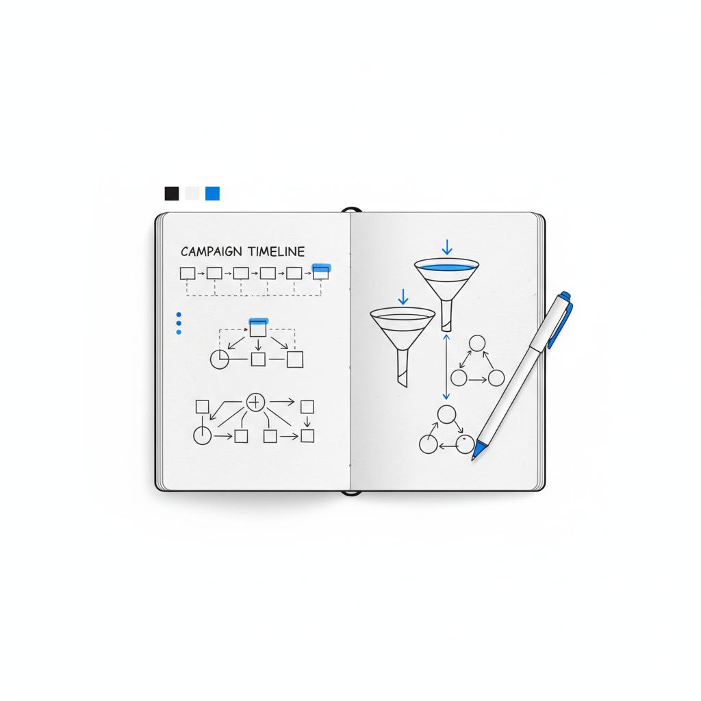Top-down vector illustration of a clean workspace with a sketched campaign timeline, pen and Agency Visible blue swatches, evoking planning for X advertising ROI