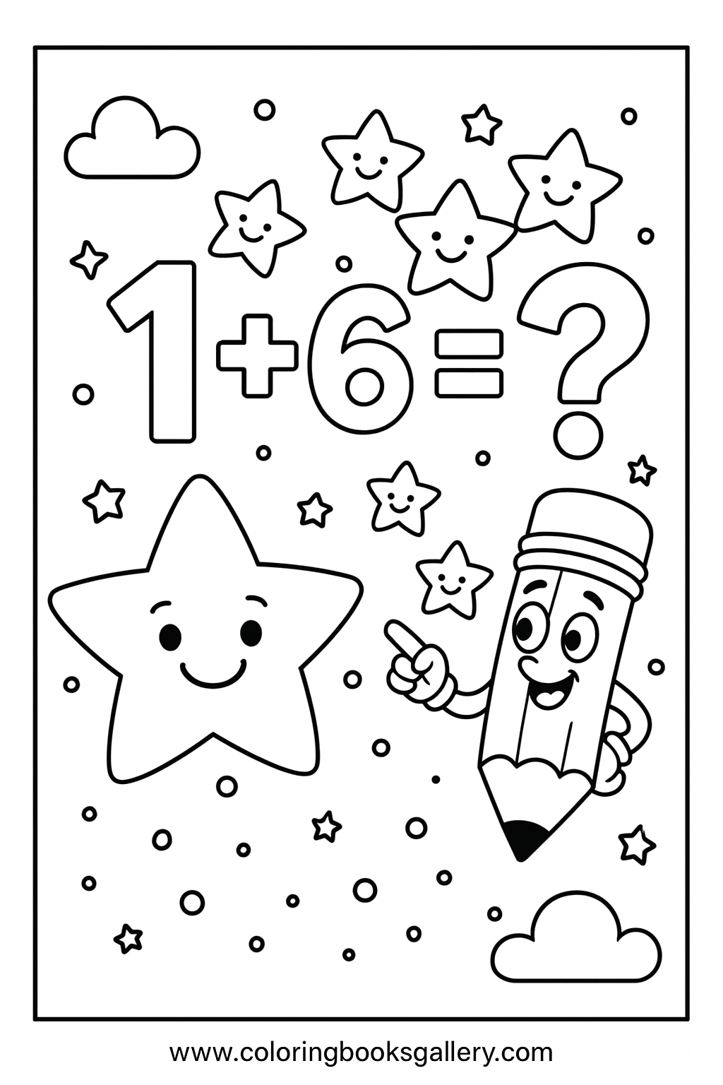1 + 6 Coloring Page for Kids – Simple Math Printable Line Art – printable coloring page