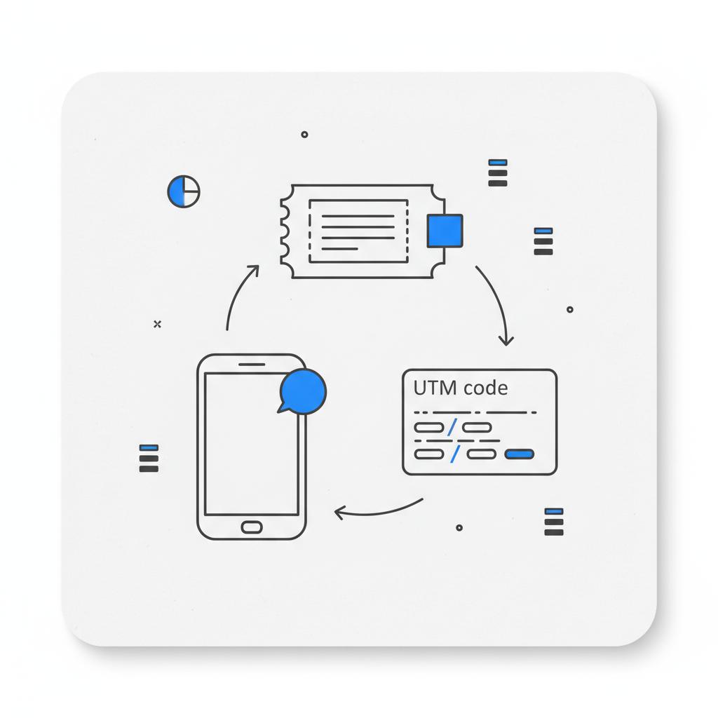 Minimal 2D vector collage of marketing icons &mdash; coupon, phone with call-tracking tag, schematic UTM block &mdash; on a white notebook page for Nextdoor for small businesses