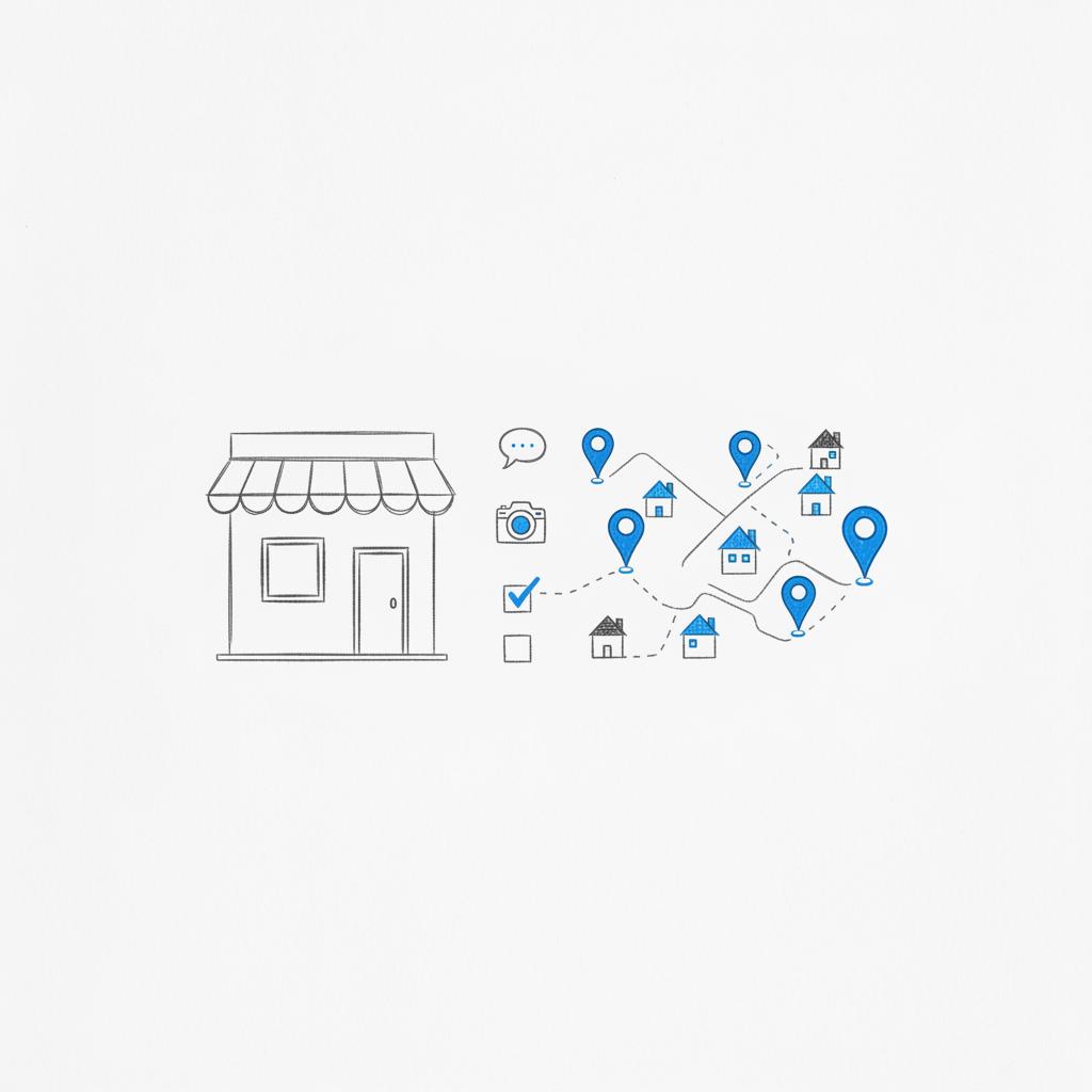 Minimalist sketch-page of a storefront and neighborhood map with pins marking nearby houses, small icons for replies, photos, and checklists &mdash; Nextdoor for small businesses