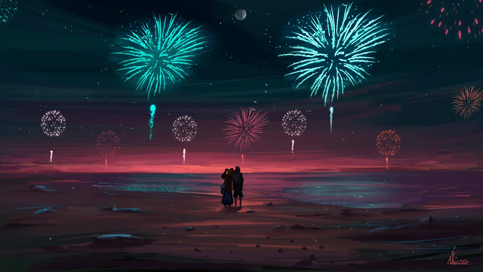 Couple Watching Beach Fireworks - Digital Illustration 4K Wallpaper (3840x2160)