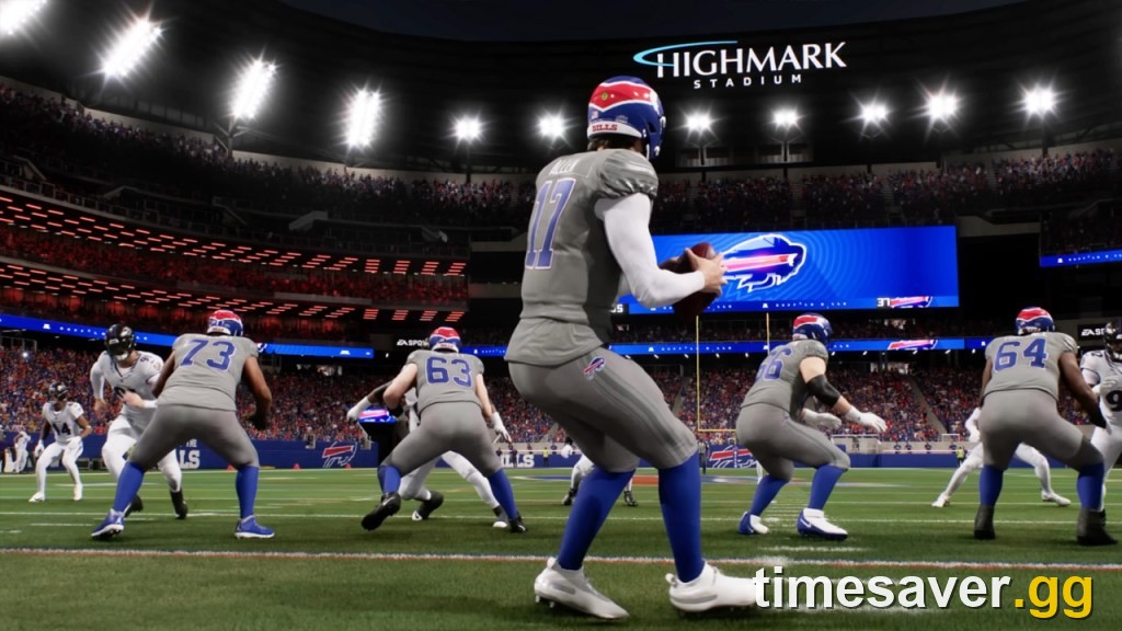 Madden NFL 27 gameplay — a quarterback drops back in an NFL matchup showing the game's in-engine presentation