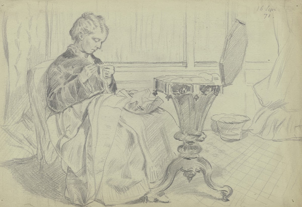 Luise Scholderer am Nähtisch mit einer Handarbeit 1871