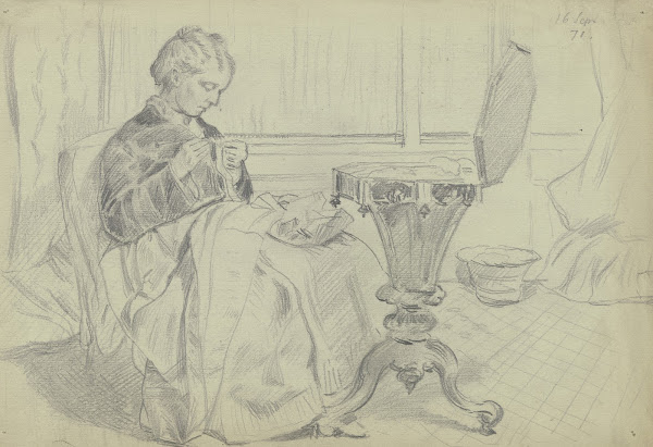 Luise Scholderer am Nähtisch mit einer Handarbeit 1871