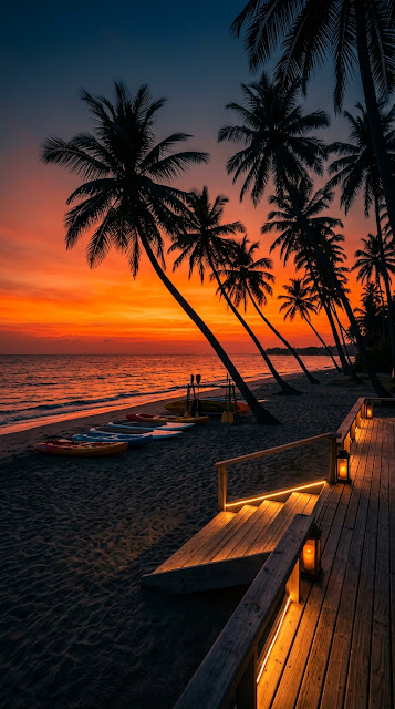 Orange Sunset Over Tropical Beach Resort with Palm Tree Silhouettes - Free mobile Wallpaper