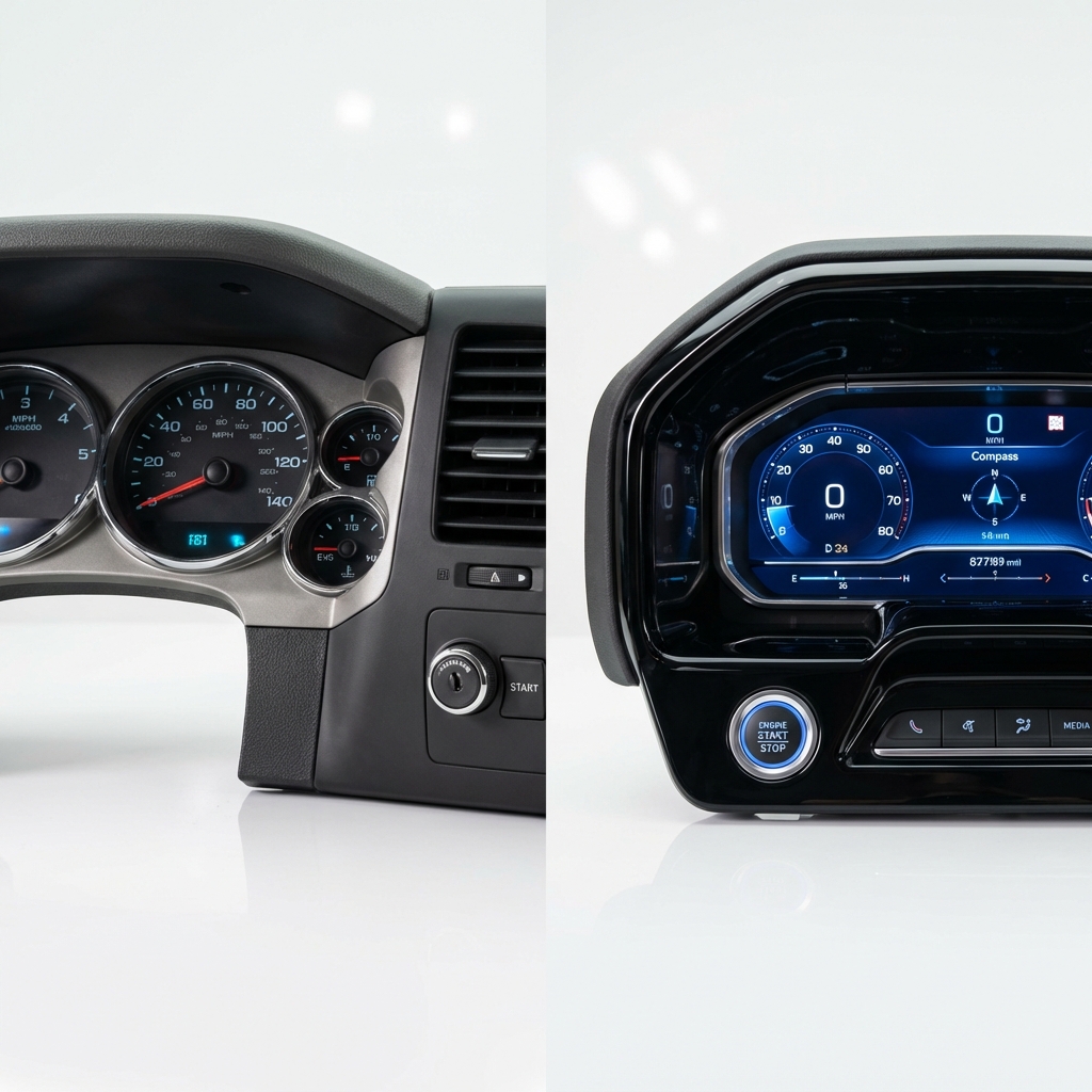 Side by side close up of Chevy Silverado instrument panels and engine start buttons showing tech differences between model years chevy silverado 1500 for sale