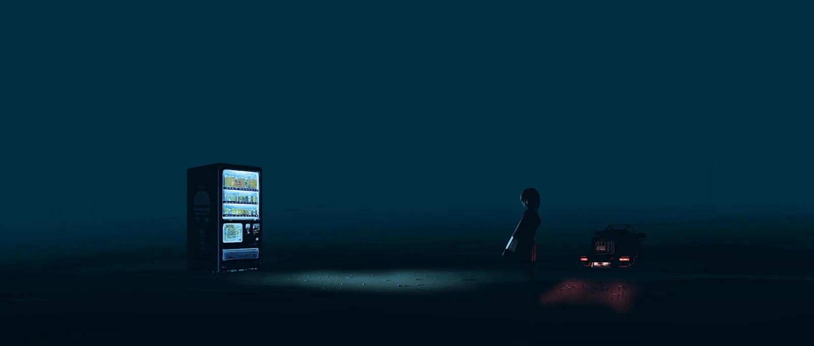 Glowing Vending Machine at Night - Digital Illustration 4K Wallpaper (5640x2400)