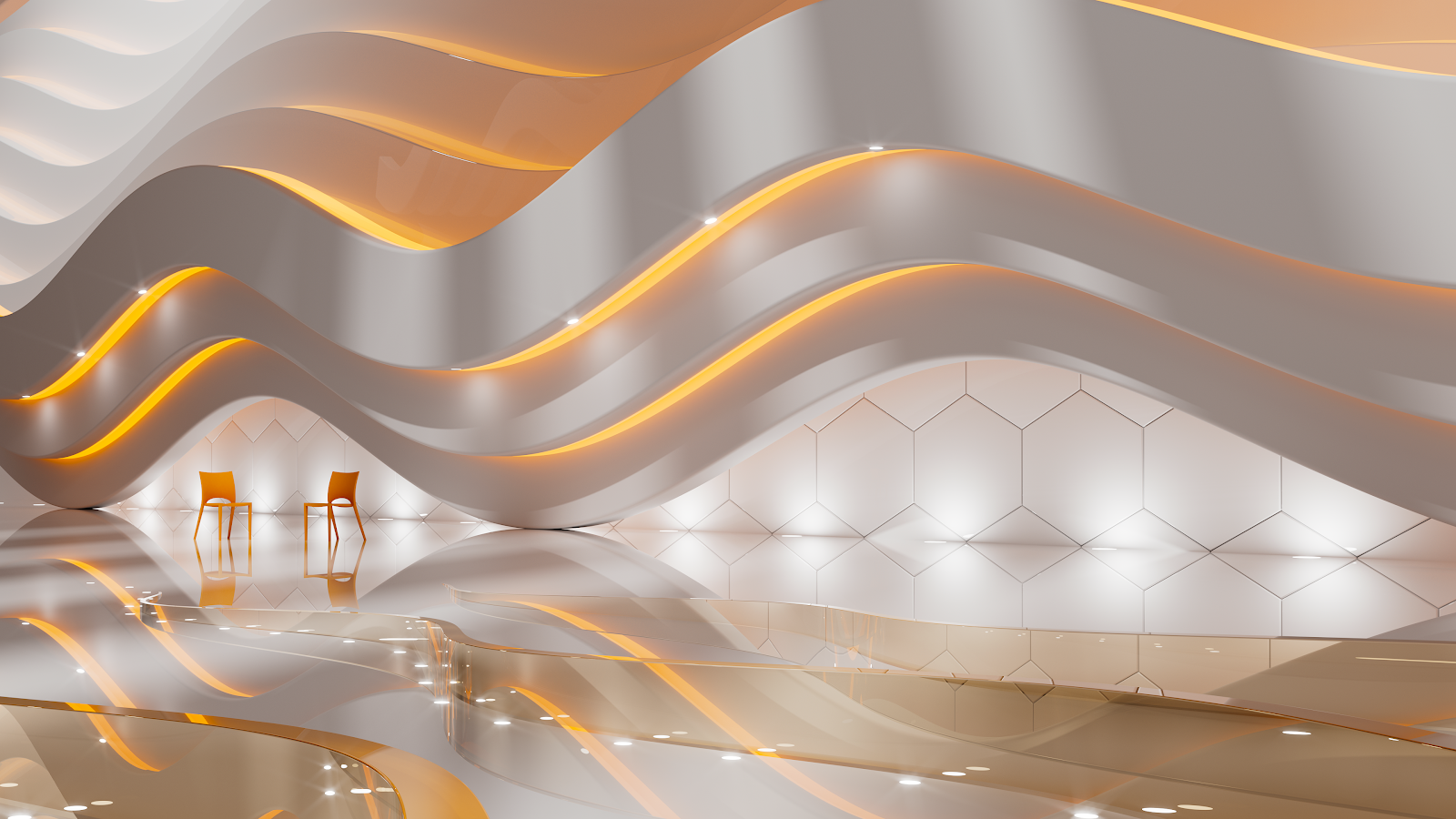 Futuristic Interior With Glowing Lights - 3D Architecture Render 4K Wallpaper (3840x2160)