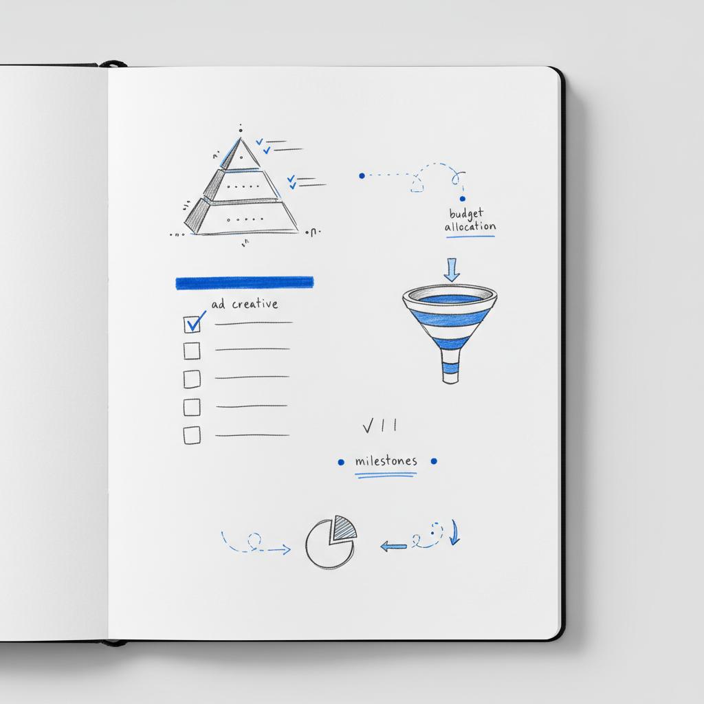 Top-down notebook sketch of a firmographics pyramid, an ad creative checklist and a small funnel &mdash; visual guide for How to target B2B on Facebook? with Agency Visible brand accents.