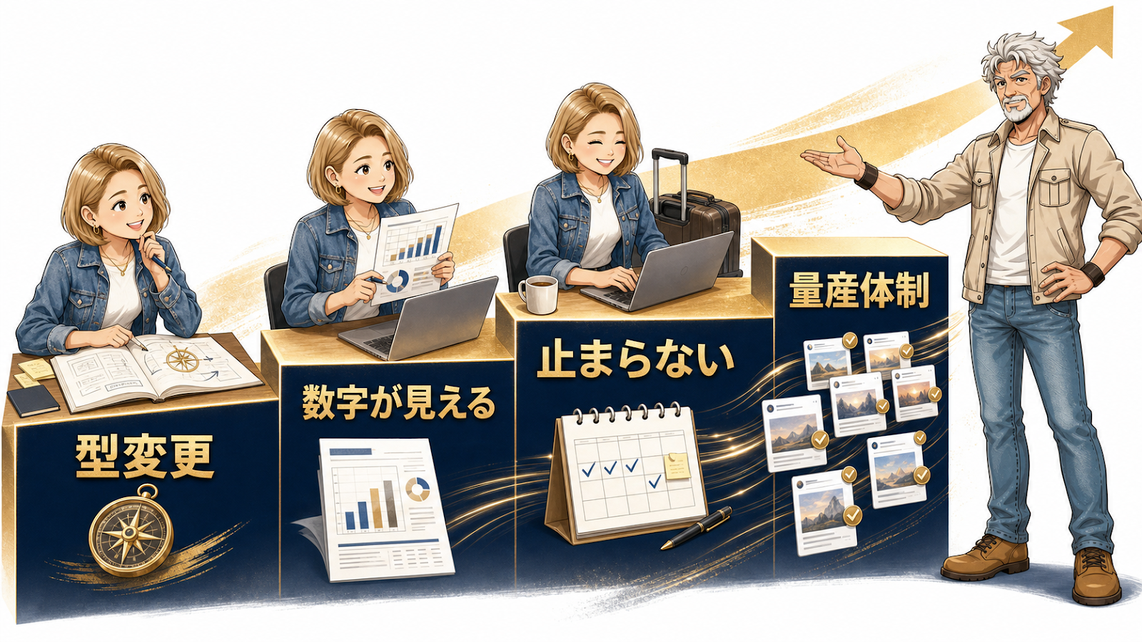 ジョセGと起業おかんが型変更から量産体制までの4段階を示す