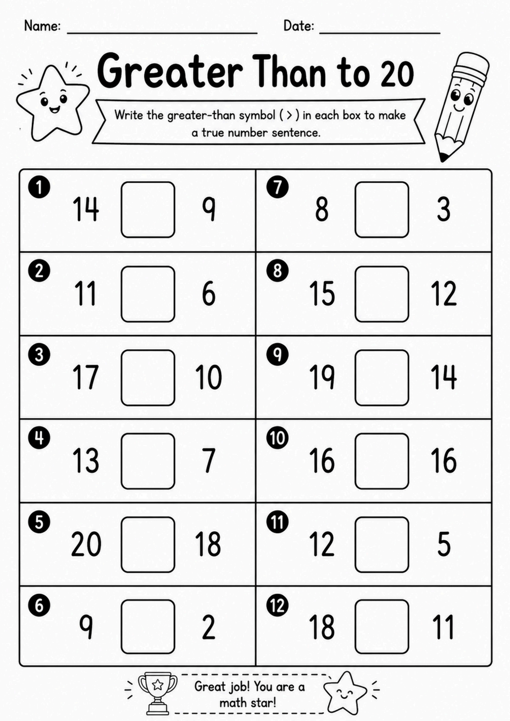 Greater Than to 20 Worksheet