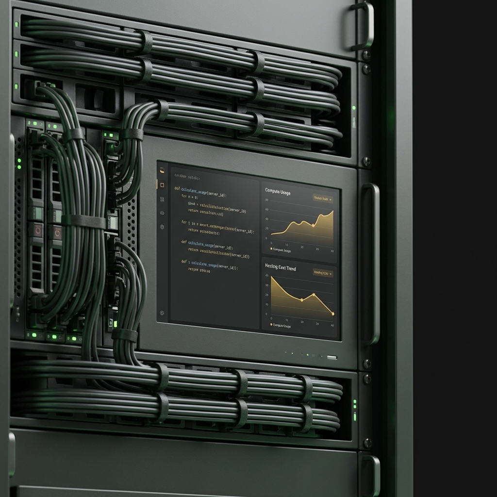 Close up cloud server rack with small monitor showing code and line charts representing hosting and compute costs in Finance Police aesthetic dark background green accents ai crypto trading