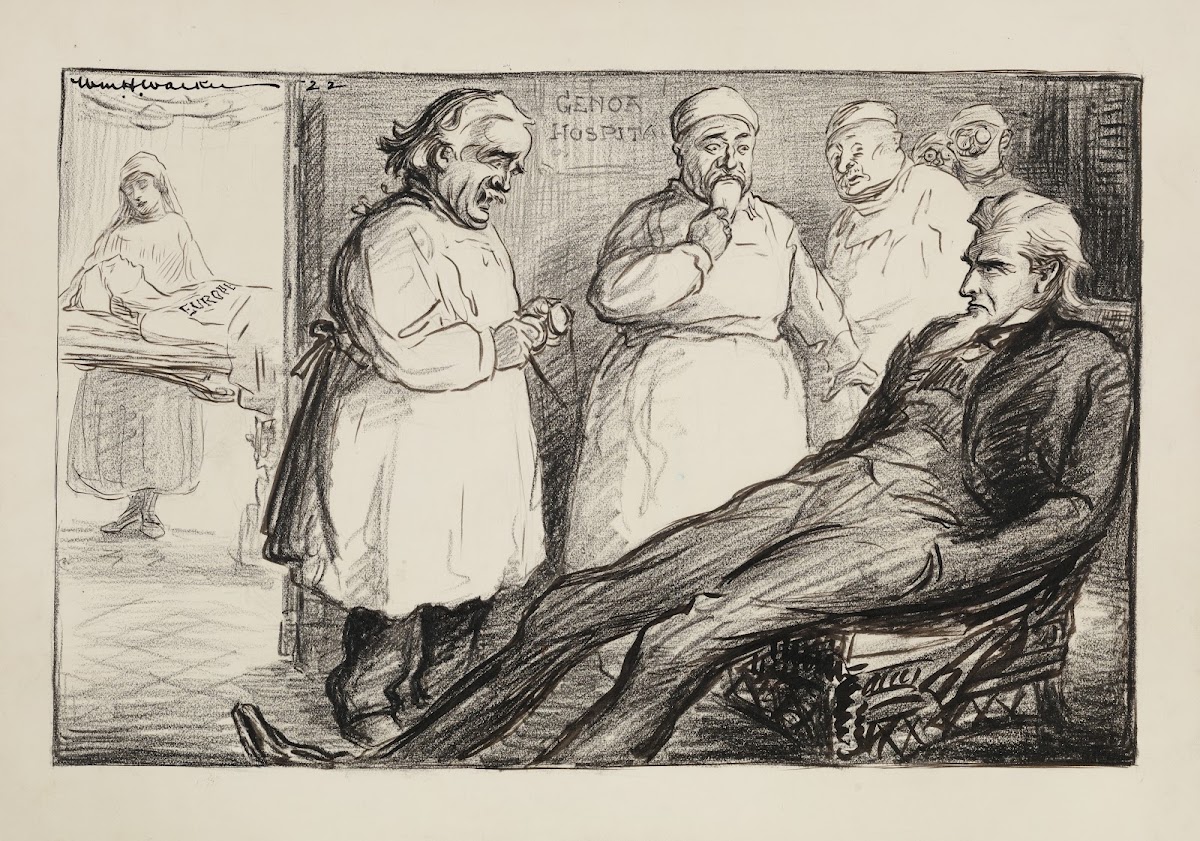 Uncle Sam sits in the waiting room of Genoa Hospital attended to by several doct