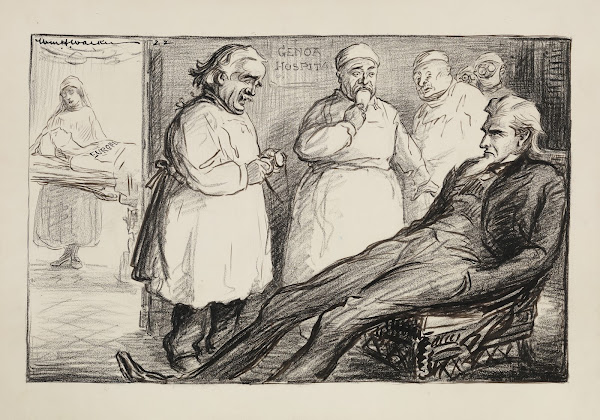 Uncle Sam sits in the waiting room of Genoa Hospital attended to by several doct