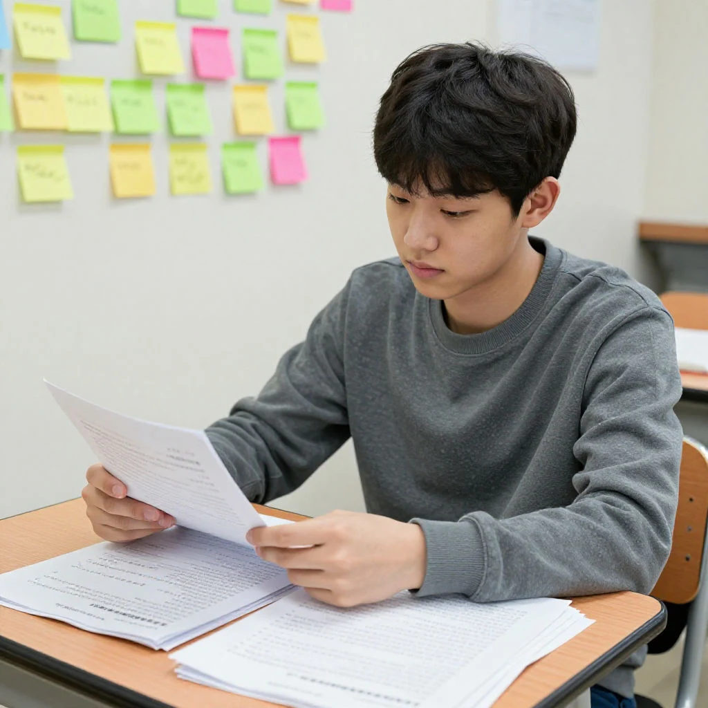 오답 노트와 수정된 시험지를 차분하게 검토하는 한국 중학생의 집중하는 모습