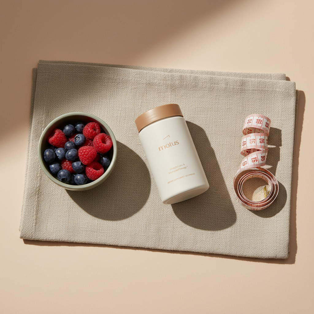 Can taking a probiotic every day help you lose weight? Motus bottle on a linen placemat beside mixed berries and a measuring tape in a minimalist Tonum style.