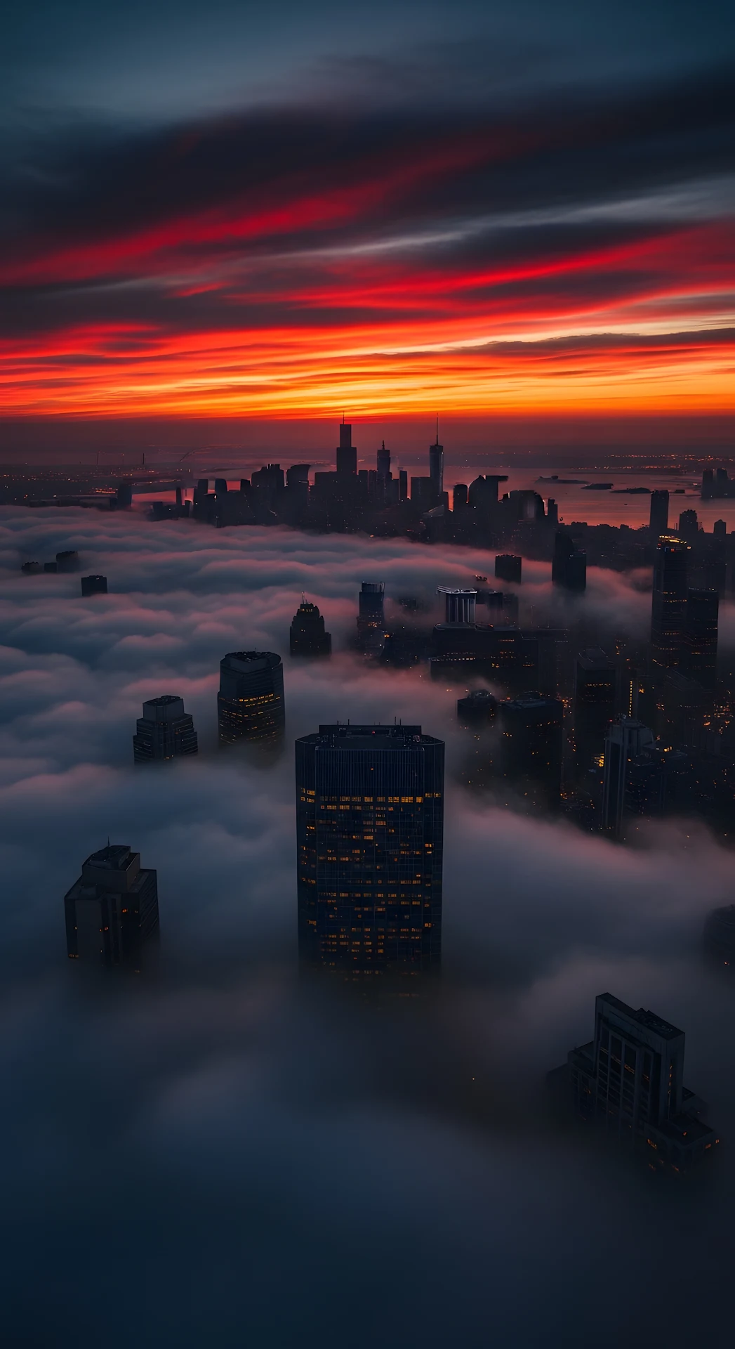 Dramatic City Skyline Sunset Above Fog Red Sky Aerial View - Free 4K mobile Wallpaper