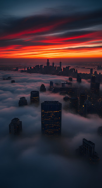Dramatic City Skyline Sunset Above Fog Red Sky Aerial View - Free mobile Wallpaper
