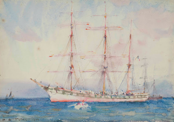 French Windjammer At Anchor Signed And Indistinctly 1900