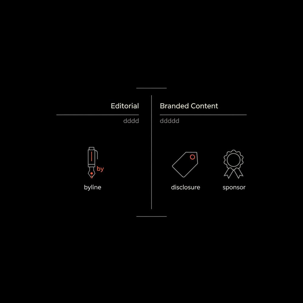 Minimal infographic comparing editorial vs content with a central divider, left 'Editorial' and right 'Branded Content', vector icons for byline, disclosure and sponsor on black background.