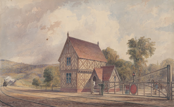 Tudor Style Rural Train Station and Railroad Crossing 184477