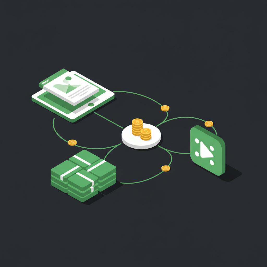 Isometric 2D vector showing an ebook a course module and an app icon with revenue streams flowing into a central account disk in Finance Police colors examples of passive incomes