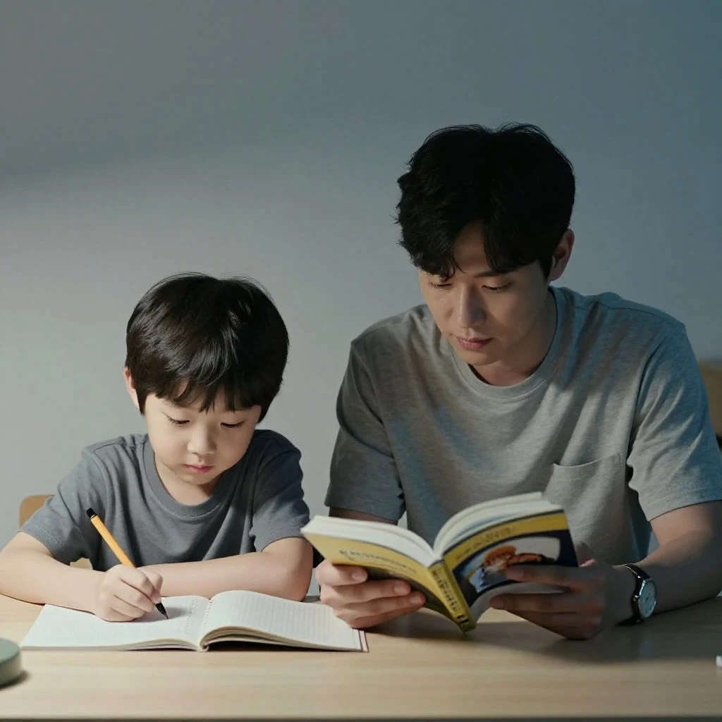 부모와 초등학생 아이가 나란히 앉아 함께 집중하는 시간을 보내는 가정 학습 장면