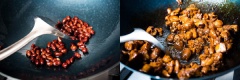 Làm nóng chảo với dầu ăn, cho đậu phộng vào chiên chín để ra dĩa. Đun nóng dầu ăn cho thịt gà vào rang chín tới thì để ra dĩa. Tiếp tục đun nóng dầu, phi gốc hành, gừng, tỏi, ớt và phi thơm rồi trút thịt gà vào cùng đậu phộng, dưa leo rang chung cho chín. Cuối cùng rưới gia vị vào đảo đều cho thấm là xong.