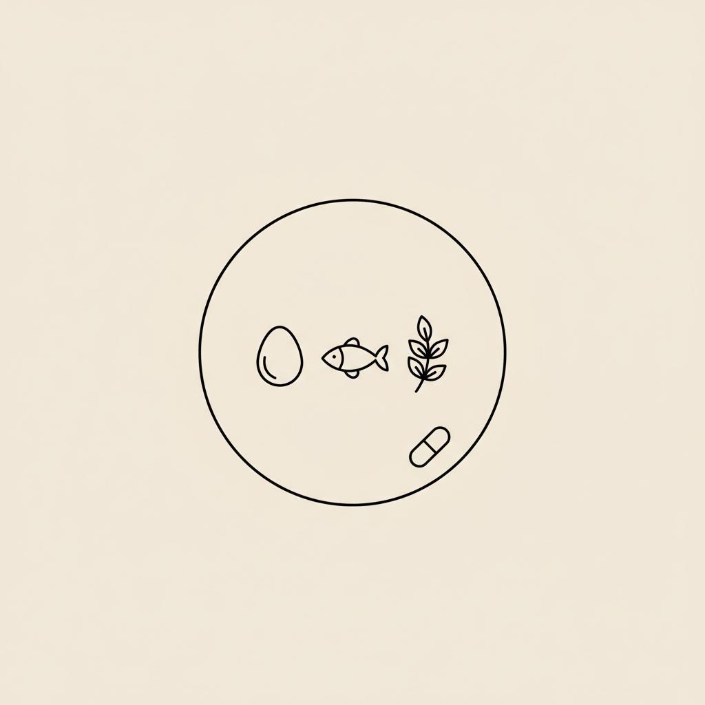 Minimal line-art plate with egg, fish, greens and a small capsule on beige background illustrating foods and supplements to reduce food cravings naturally.
