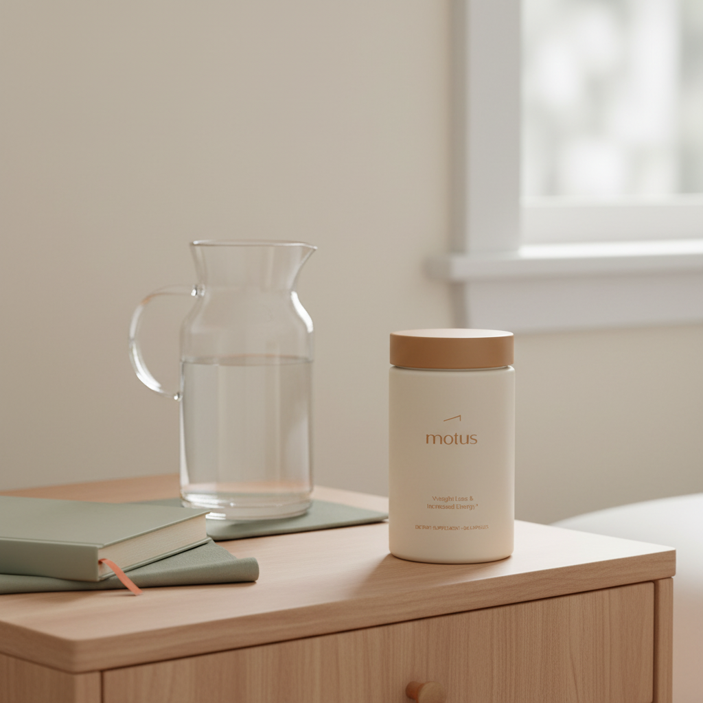 Tonum Motus supplement jar on wooden bedside table next to water carafe and journal against a soft #F2E5D5 background, bright minimalist scene — best fat burner for men
