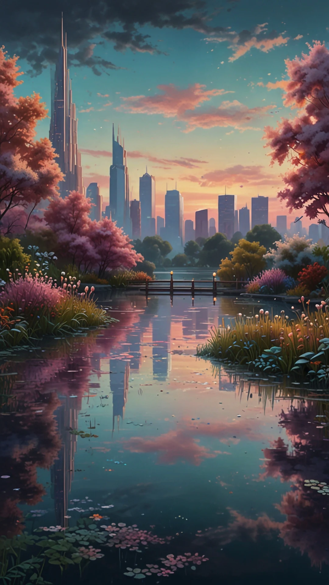 Anime City Park Reflection at Sunset with Cherry Trees - Free 4K mobile Wallpaper