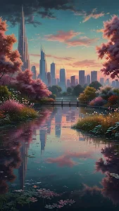 Anime City Park Reflection at Sunset with Cherry Trees