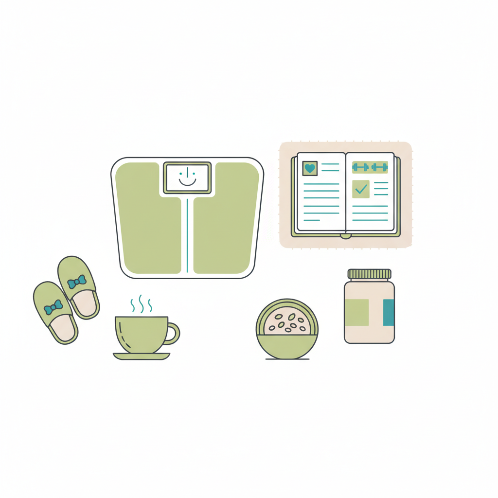 Minimalistische 2D-Vektor-Szene mit Waage (Smiley-Display), Tee, Notizbuch und neutraler Proteinpulverdose – motivierend für vegane Bodybuilder