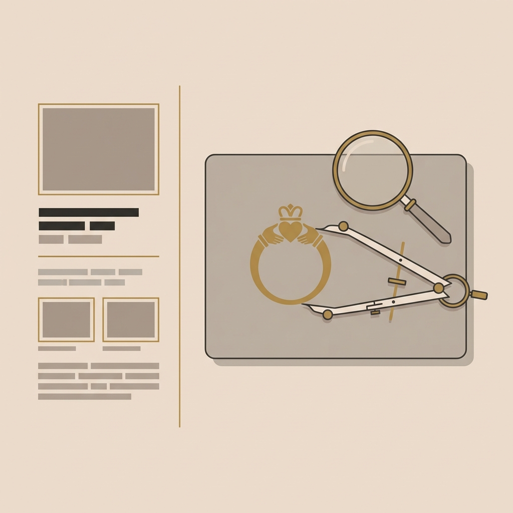 Minimalist 2D vector showing a museum catalogue page beside a conservator table study with an ancient claddagh ring measured by calipers and viewed with a magnifier