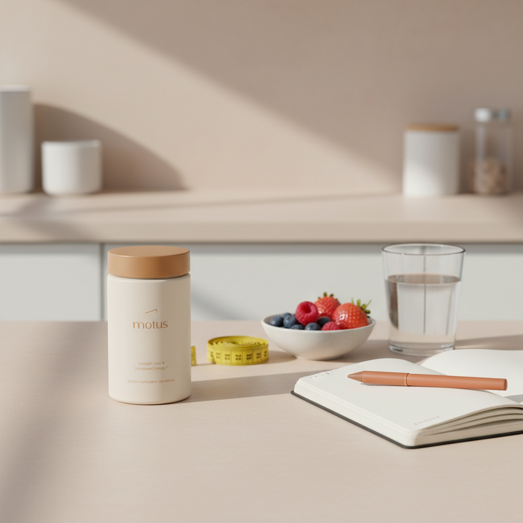 Bright minimalist kitchen countertop with Motus supplement jar beside a notebook, pen, coiled measuring tape, bowl of mixed berries and glass of water in Tonum colors, promoting weight loss — lose 10 pounds in 2 weeks on keto