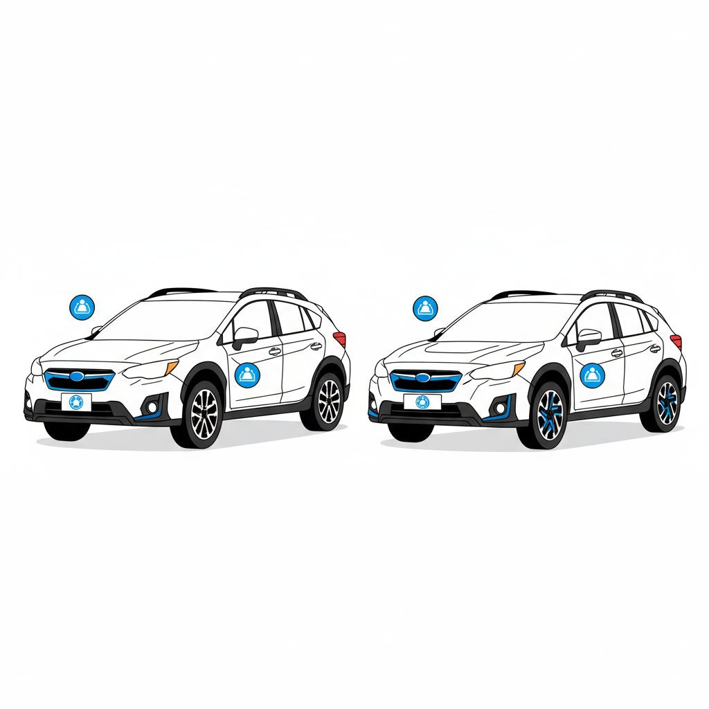 Minimalist 2D vector side by side comparison of older and newer crossover showing trim differences and safety tech badges subaru crosstrek for sale