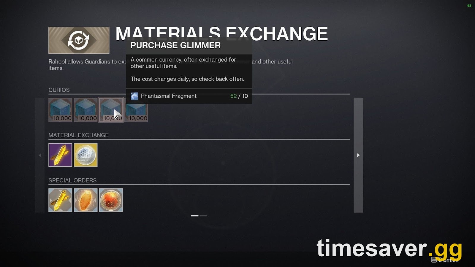 The Master Rahool vendor screen at the Destiny 2 Tower showing the Material Exchange options
