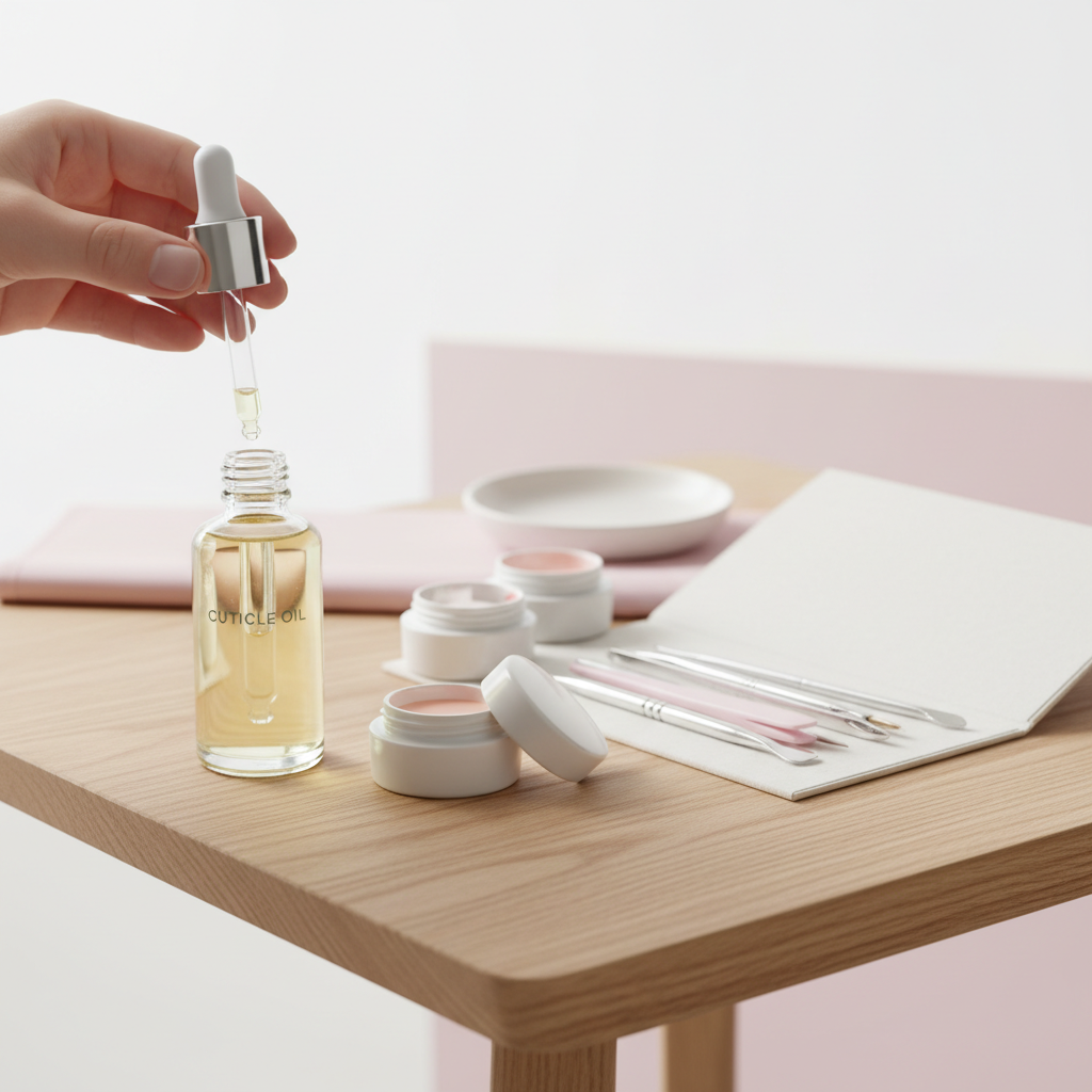 Teilweise sichtbare Hand legt Nagelhautöl-Flasche neben geöffnetes Gel-Nagelset auf hellem Holztisch vor weißem Hintergrund mit #f57fb6 Akzent – Szene für wellige Fingernägel Pflege.