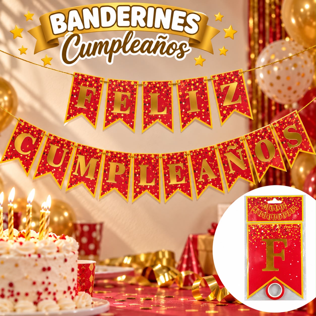Banderín 'Feliz Cumpleaños' rojo con letras doradas