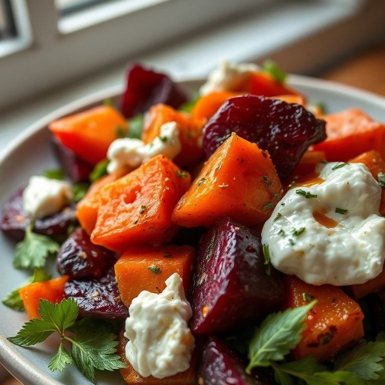 Roasted Beet and Sweet Potato Salad with Creamy Ricotta - Easy Homemade & Flavorful finished