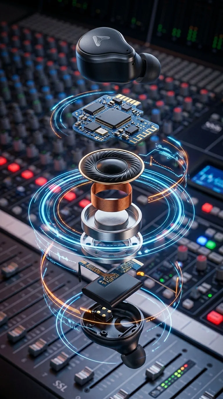 Exploded View of High-Tech Earbud Internal Speaker with Holographic UI - Free 4K mobile Wallpaper