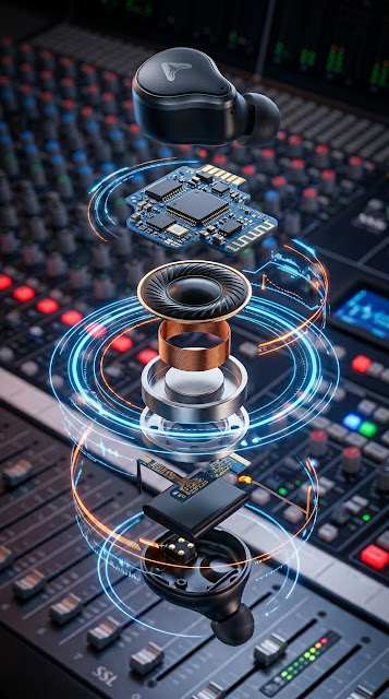 Exploded View of High-Tech Earbud Internal Speaker with Holographic UI - Free mobile Wallpaper