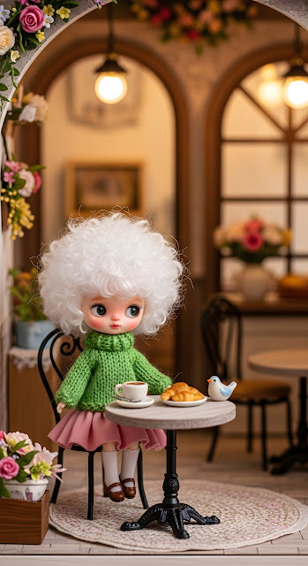 Miniature Doll Enjoying Coffee and Croissants in a Cafe - Free mobile Wallpaper