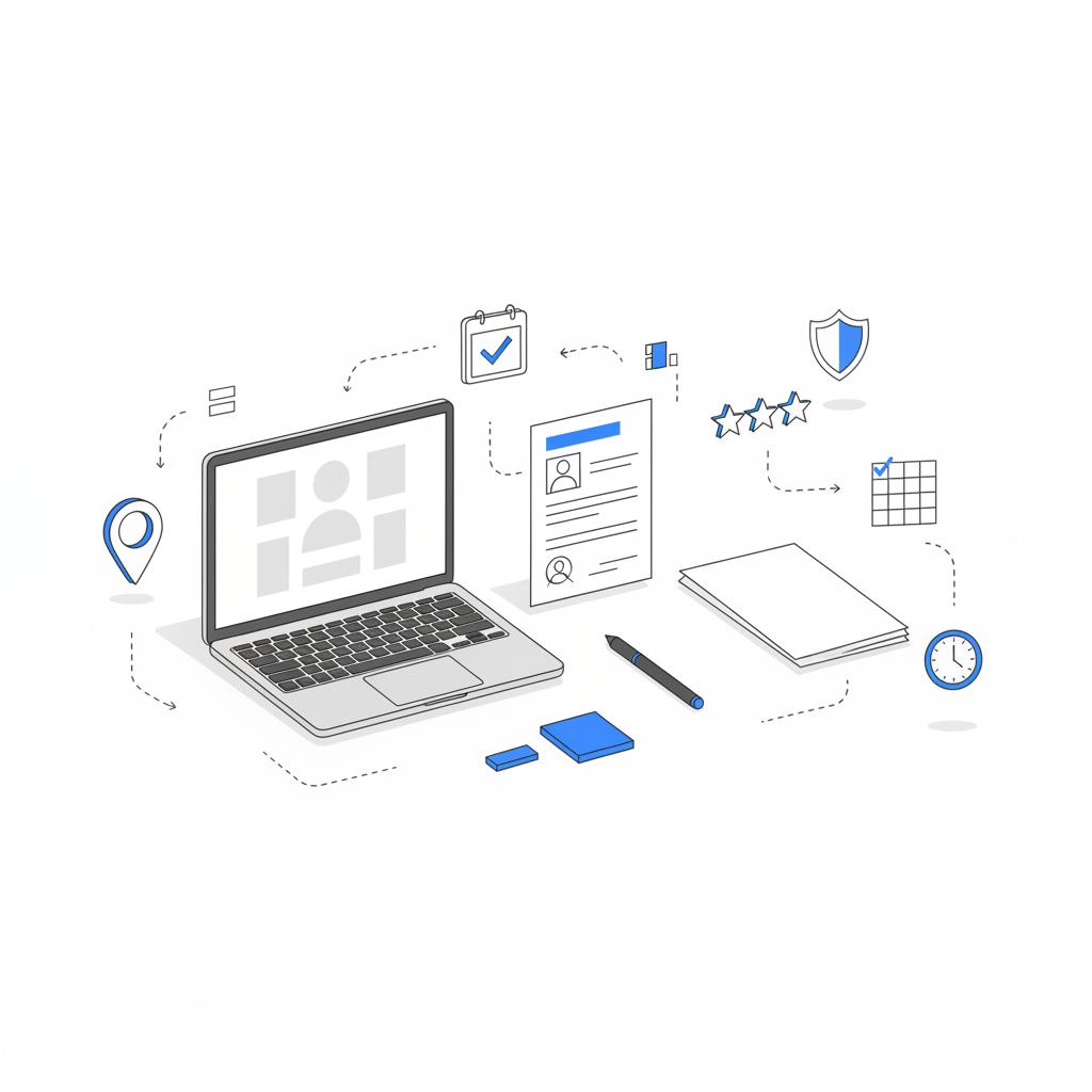 Minimal 2D vector desk scene showing a laptop with a blank Google profile mock-up, a printed doctor's license and tidy document stack, pen and blue sticky notes &mdash; Google profile for doctors