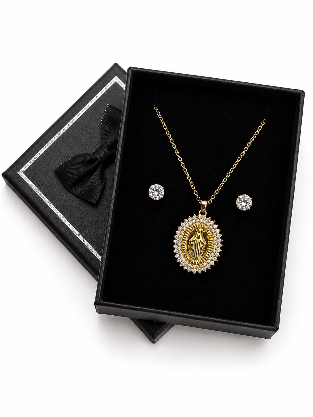 Set De Collar Medalla Virgen De Guadalupe Y Aretes Punto De Luz