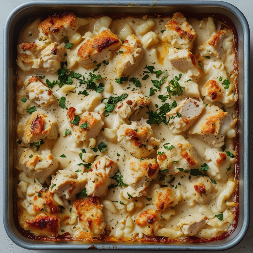 High-Protein Chicken Alfredo Bake for Easy Low-Carb Meal Prep with Creamy Cheese finished