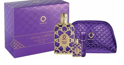 ESTUCHE ORIENTICA ORIENTICA VELVET GOLD UNISEX 4PZS 80ML EDP + 10ML EDP + ATOMIZADOR + COSMETIQUERA