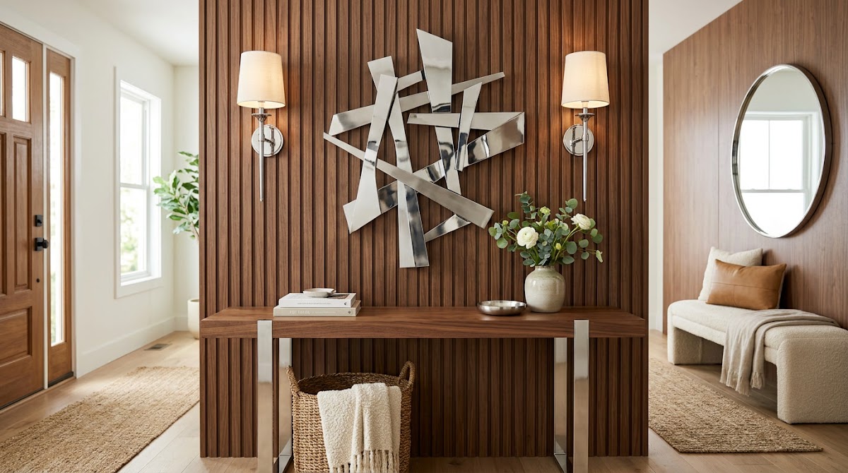 How to Brighten a Dark Entryway With Chrome Wall Decor - final inviting chrome and warm wood living room styling reveal