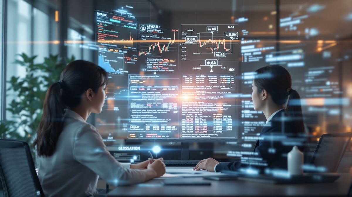 금융전문용어통역 현장에서 AI와 인간 금융 통역 전문가가 동시에 작업하며, 용어집과 번역 메모리를 활용해 팀 단위로 품질과 리스크를 관리하는 모습