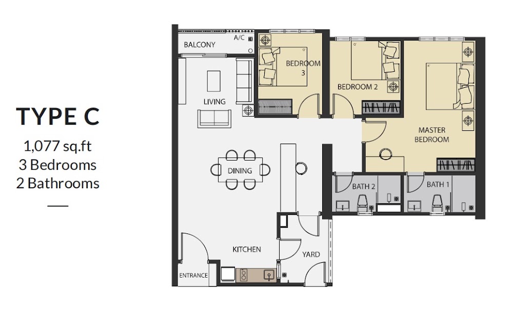 Aster Hill Sri Petaling Type C floor plan — 1077 sq ft, 3 bedrooms